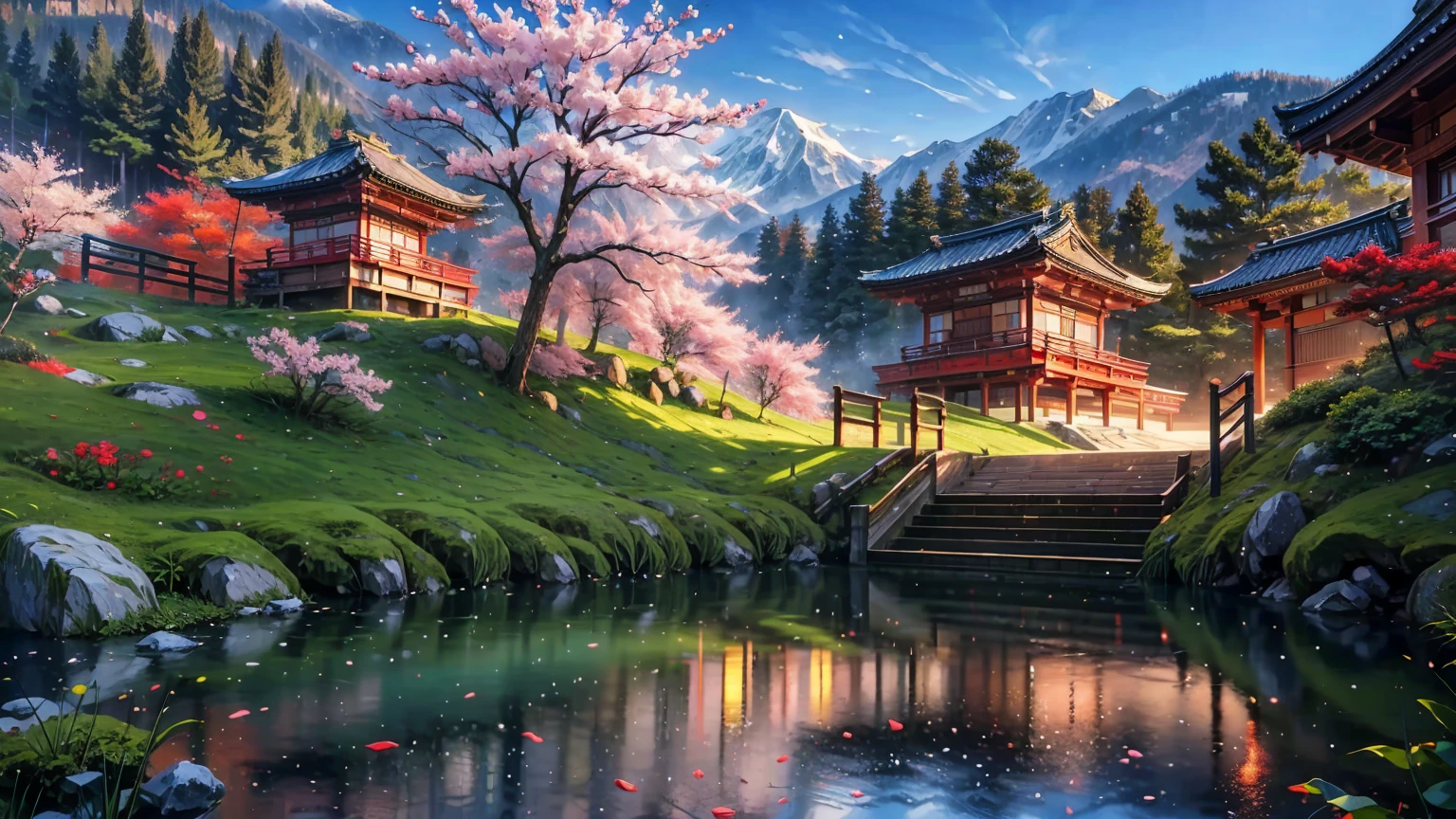 A beautiful spiritual shrine surrounded by blooming sakura trees, with distant snow-capped mountains in the background, gentle snowfall, and lush pine trees. The scene is depicted in a stunning Japanese art style, showcasing the serene and picturesque landscape. Highly detailed and vivid, with a focus on the breathtaking natural scenery and the tranquil ambiance of the shrine. Anime-inspired, with a serene and peaceful atmosphere. Masterfully crafted landscape artwork, portraying a quintessential Japanese village scene. (best quality,4k,8k,highres,masterpiece:1.2),ultra-detailed,(realistic,photorealistic,photo-realistic:1.37),beautiful detailed shrine,blooming sakura trees,snow-capped mountains,gentle snowfall,lush pine trees,japanese art style,serene landscape,highly detailed,vivid colors,tranquil atmosphere,anime-inspired,peaceful scene,beautiful landscape artwork,japanese village,concept art