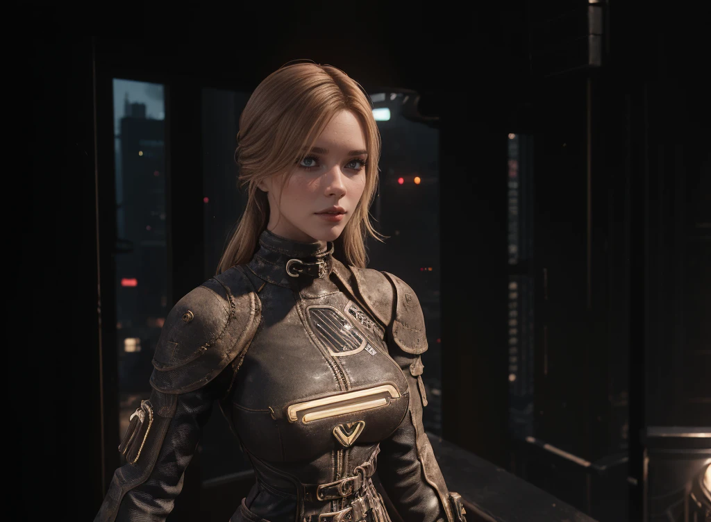 1girl, 35yo, female breton, (upper half portrait:1.3), gothic, wearing tight latex dress, posing, standing, balcony outdoor background, looking the viewer, indoor lights coming to her face, medium breasts, cyberpunk 2077 style