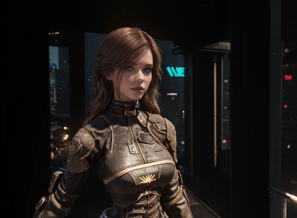 1girl, 35yo, female breton, (upper half portrait:1.3), gothic, wearing tight latex dress, posing, standing, balcony outdoor background, looking the viewer, indoor lights coming to her face, medium breasts, cyberpunk 2077 style