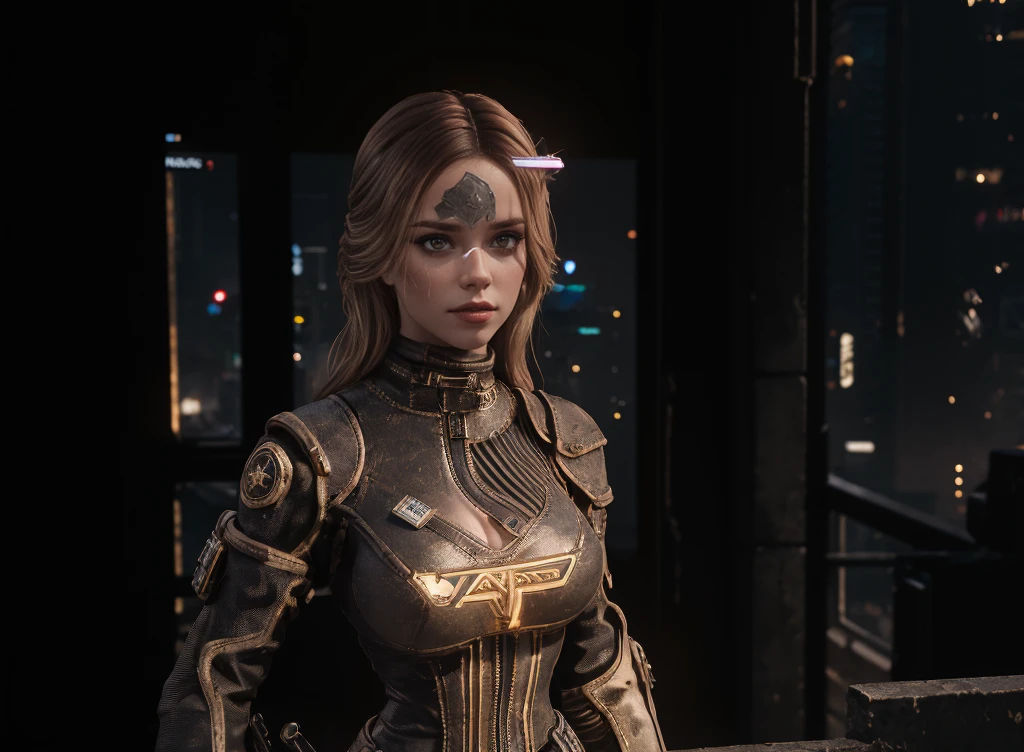 1girl, 35yo, female breton, (upper half portrait:1.3), gothic, wearing tight latex dress, posing, standing, balcony outdoor background, looking the viewer, indoor lights coming to her face, medium breasts, cyberpunk 2077 style