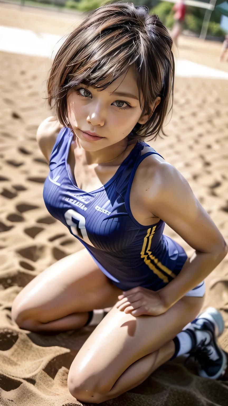 (Plage d&#39;été:1.2、Femme recevant le ballon au beach-volley、Penchez-vous en avant et sortez vos fesses)、(Réaliste、comme une photo、action en direct、, Réaliste, Photos brutes, Meilleure qualité d&#39;image: 1.4), Appareil photo reflex mono-objectif、Photos brutes, la plus haute qualité, Réaliste, très détaillé CG Unity 8K wallpaper, Profondeur de la limite écrite, lumière cinématographique, reflet, Tracé laser, Réaliste background、Beaucoup de gens々:1.4、(Joueur de beach-volley:1.4、uniforme:1.3、Volleyball uniformes that fit snugly against the skin、corps tonique、muscles abdominaux)、((peau ultra haute densité))、 femme,Joueur de volley-ball japonais mignon、((Posture de réception、((tout le corps:1.5))、Pendant la partie:1.2、Cheveux courts:1.2、J&#39;aime ce style、élégant、très détaillé、Faites attention aux détails、Tenue parfaite、(peau brûlée par le soleil)、Bras précis、pieds précis、corps anatomiquement correct、Doigté précis、Vue de face