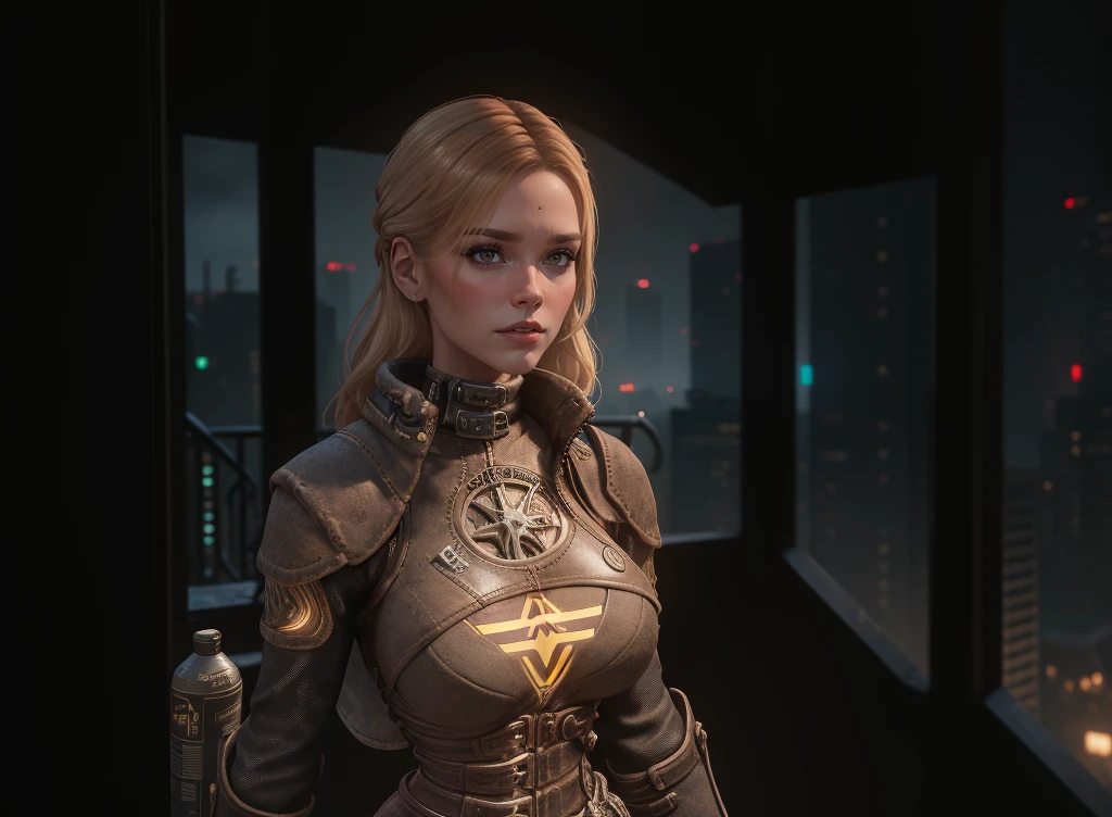 1girl, 35yo, female breton, (upper half portrait:1.3), gothic, wearing tight latex dress, posing, standing, balcony outdoor background, looking the viewer, indoor lights coming to her face, medium breasts, cyberpunk 2077 style