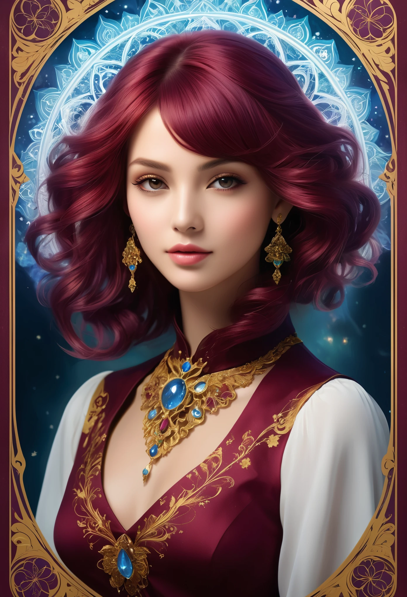 (masterpiece, Highest quality, Highest quality, Official Art, beautifully、aesthetic:1.2), (One girl:1.3), (Fractal Art:1.3), card, Tarot, burgundy Hair, Twin Blade, Hair Flower, (Good lighting:1.1), ((High resolution)), Tarot card style