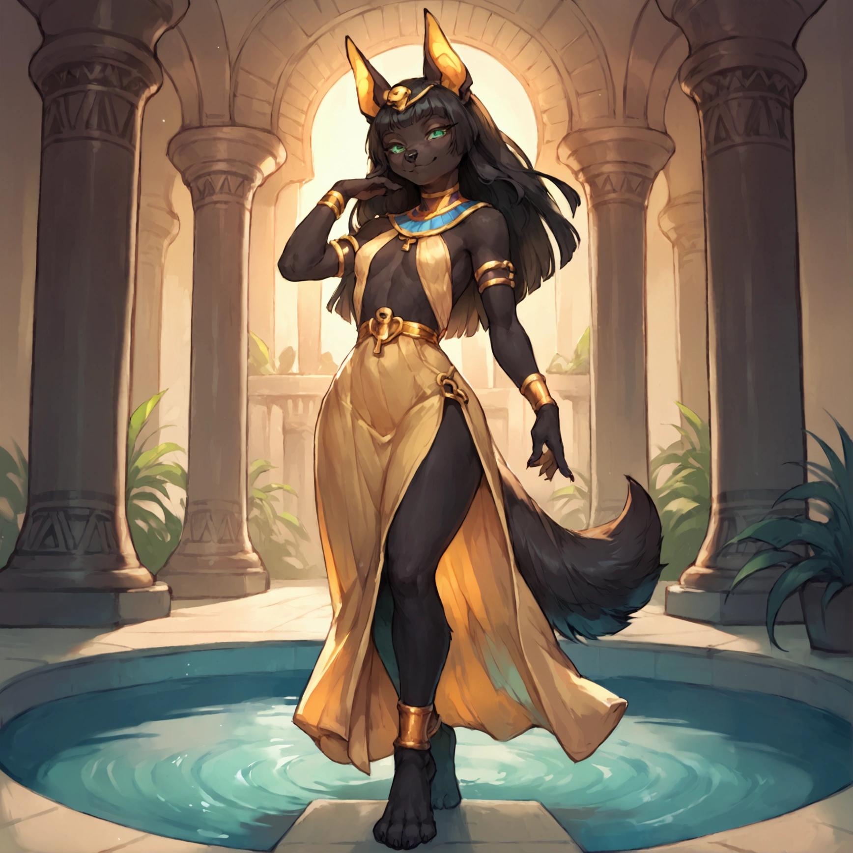 score_9,score_8_up,score_7_up, score_6_up, score_5_up, source_anime, Anthro, Anubis, black female dog, green eyes, snout, black nose, long pointy black dog ears, black furry body, black hair, long hair, small breasts, wearing Egyptian goddess clothing, golden Egyptian skirt, grinning, smirk, cocky, playful pose, standing in an Egyptian city, beautiful pool behind her, barefoot, full body shot, dynamic lighting, highly detailed background, 