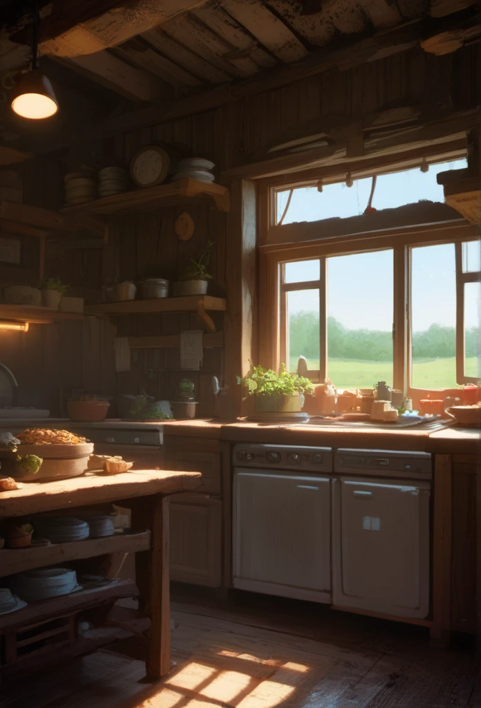 Farmhouse kitchen with lights illuminating the space, a kitchen counter with food on top, a refrigerator, stove, various details, a window reflecting the flowery field outside.