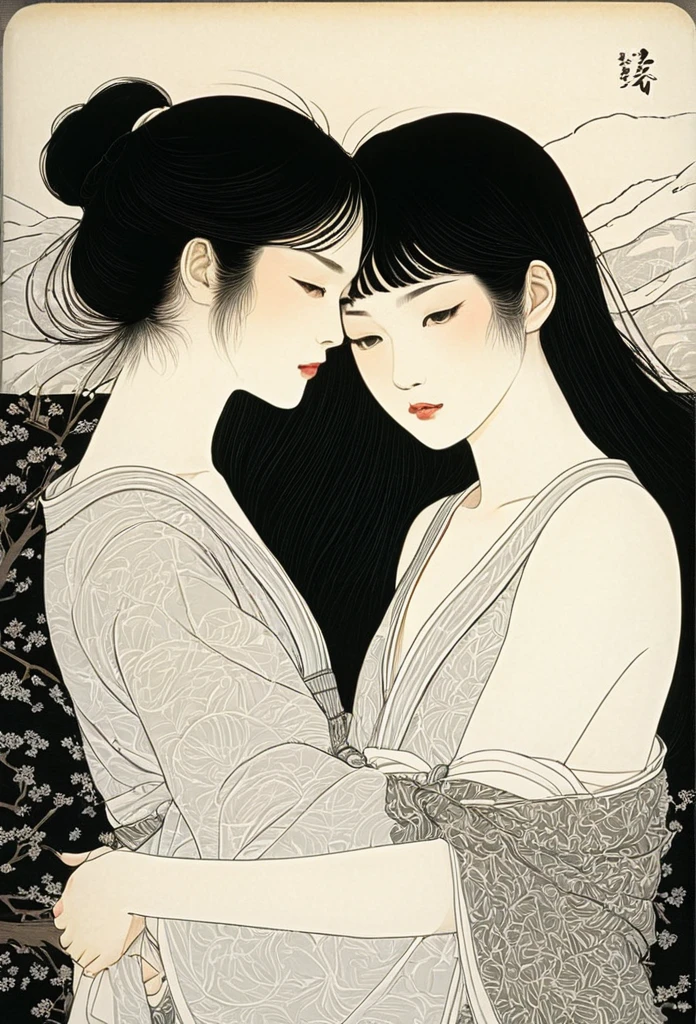 Line art、2 girls、Embrace each other、Yuri、Lesbian、Browsing Caution, throw,  Dark and detailed patterned background、takato yamamoto&#39;style、Traditional patterns of Japan
