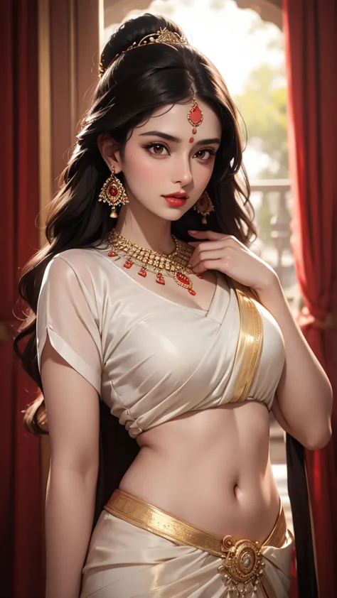 a beautiful indian woman with long dark hair, detailed face, deep brown eyes, full red lips, wearing large golden jhumka earring...