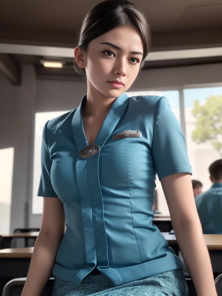 1girl, solo, 19 years old, (uniform), detailed classroom at the background, seductive pose, thick medium breasts, fit body, smooth realistic skin, cute angry face, white shirt, grey blue short skirt, looking at the audience, high angle shot, (zoom-out:1.3), (8k, RAW photo, best quality, masterpiece: 1.4), (realistic, realistic: 1.37), ultra-high resolution, cowboy shot