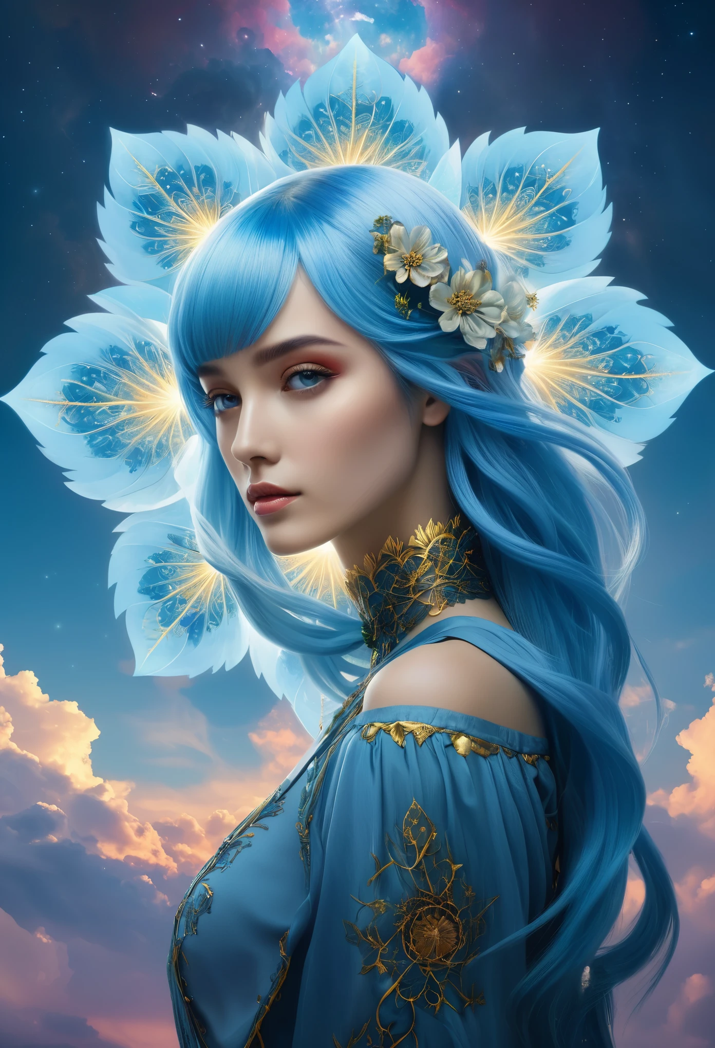 (masterpiece, Highest quality, Highest quality, Official Art, beautifully、aesthetic:1.2), (One girl:1.3), (Fractal Art:1.3), card, Tarot, sky blue  Hair, Twin Blade, Hair Flower, (Good lighting:1.1), ((High resolution)), Tarot card style