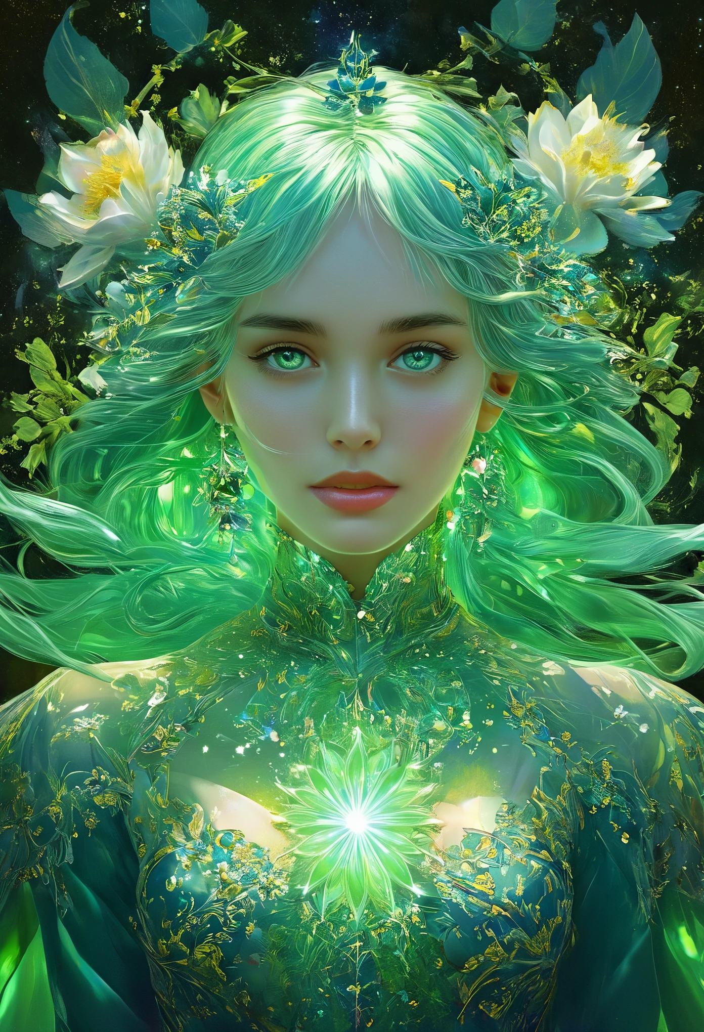 (masterpiece, Highest quality, Highest quality, Official Art, beautifully、aesthetic:1.2), (One girl:1.3), (Fractal Art:1.3), card, Tarot, iridescent Green Hair, Twin Blade, Hair Flower, (Good lighting:1.1), ((High resolution)), Tarot card style