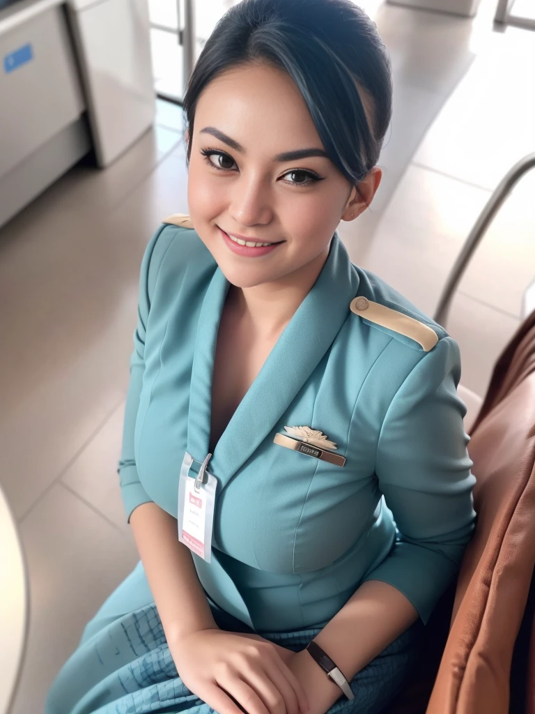 1girl, solo, 19 years old, (uniform), detailed airport scenery at the background, seductive pose, thick medium breasts, fit body, smooth realistic skin, cute little smirk, looking at the audience, high angle shot, (overhead shot:1.4), (zoom-out:1.3), (8k, RAW photo, best quality, masterpiece: 1.4), (realistic, realistic: 1.37), ultra-high resolution, cowboy shot