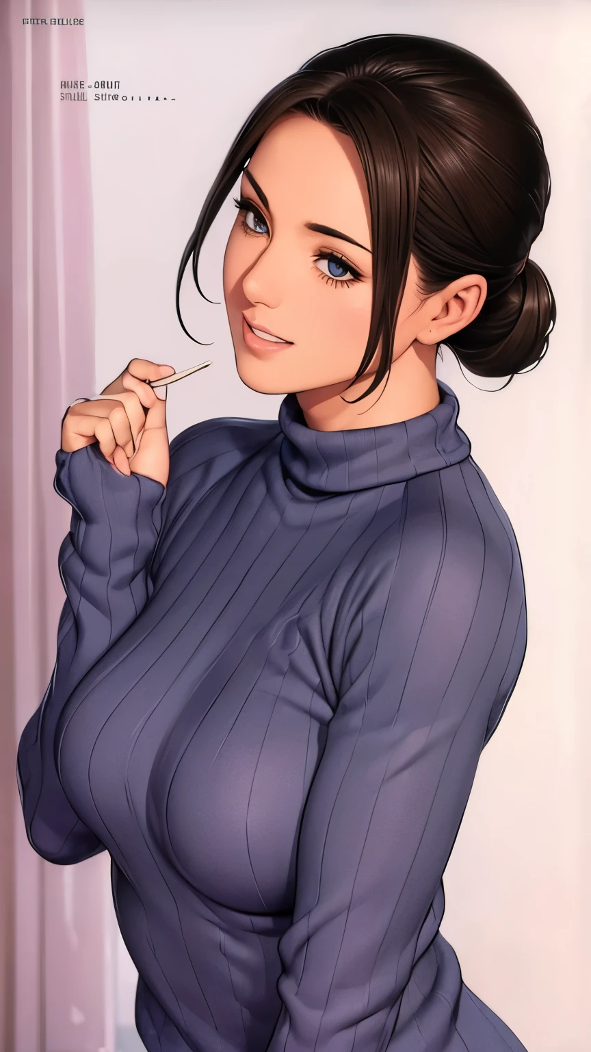 ((Masseter muscle area)),((Highest quality)),(Ultra-precision),Sharpness,clear,Every detail,Highest qualityのアニメ,((1 adult female),Small Tits:1.3.Beautifully knitted sweater with attention to detail,Laughter、Small face