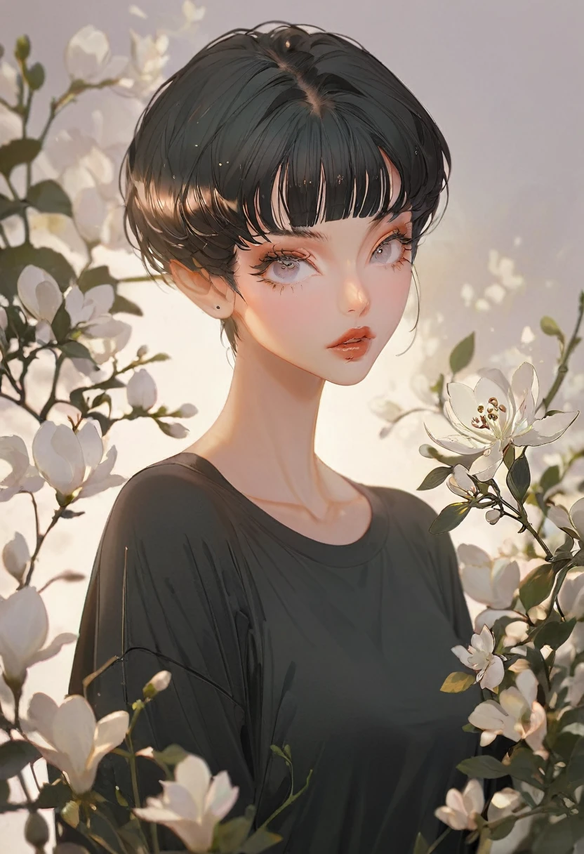 (Highest quality,Very detailed,High resolution:1.2),beautiful girl，Black very short hair,Black hair bangs, Wearing an oversized black T-shirt，very_Long eyelashes, Detailed lips, Cool look, Soft Skin, Shiny Hair,Exquisite makeup,