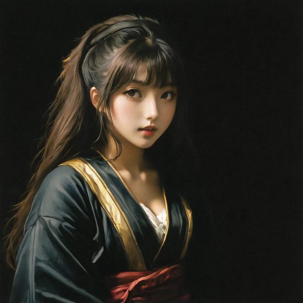 score_9, score_8_up, score_7_up, score_6_up, score_5_up, score_4_up, fkey70, masterpiece, best quality, high quality, hyperrealistic anime painting, anime painting, loose long hair, black background, dramatic diagonal lighting, painterly, realistic painting, soft feature, detailed clothes, detailed, rembrandt lighting, solo, 1girl, cleavage
