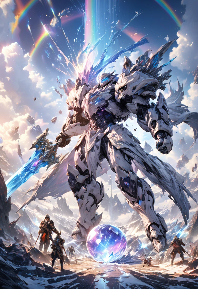 the holy sword Durandal, shatters the transparent crystal ball, erupting rainbow cosmic rays and sending the galaxy hurtling towards destruction, (ultra detailed, absolutely resolution, best quality:1.3), 2.5D, delicate and dynamic, artistic photography, hyper realistic, graphic CG digital art