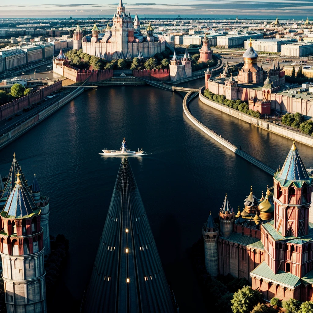 blue sky, evening light, (Aerial View of Kremlin complex of buildings:1.6), ((Beautiful woman is Floating in the Air)), Delicate white BodySuit, (Detailed beautiful face), wide angle lens f/2.8, ultra insane high resolution intricate textures, texture indentation, perfect perspective, perfect geometry, in another dimension worlds, fire all around, energy fields, (luminism), ultra detailed busy background, tessellation, maximalism, perfectionism, IPA Award wining masterpiece