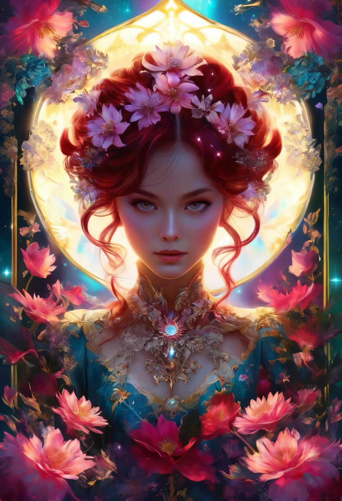 (masterpiece, Highest quality, Highest quality, Official Art, beautifully、aesthetic:1.2), (One girl:1.3), (Fractal Art:1.3), card, Tarot, ruby Hair, Twin Blade, Hair Flower, (Good lighting:1.1), ((High resolution)), Tarot card style