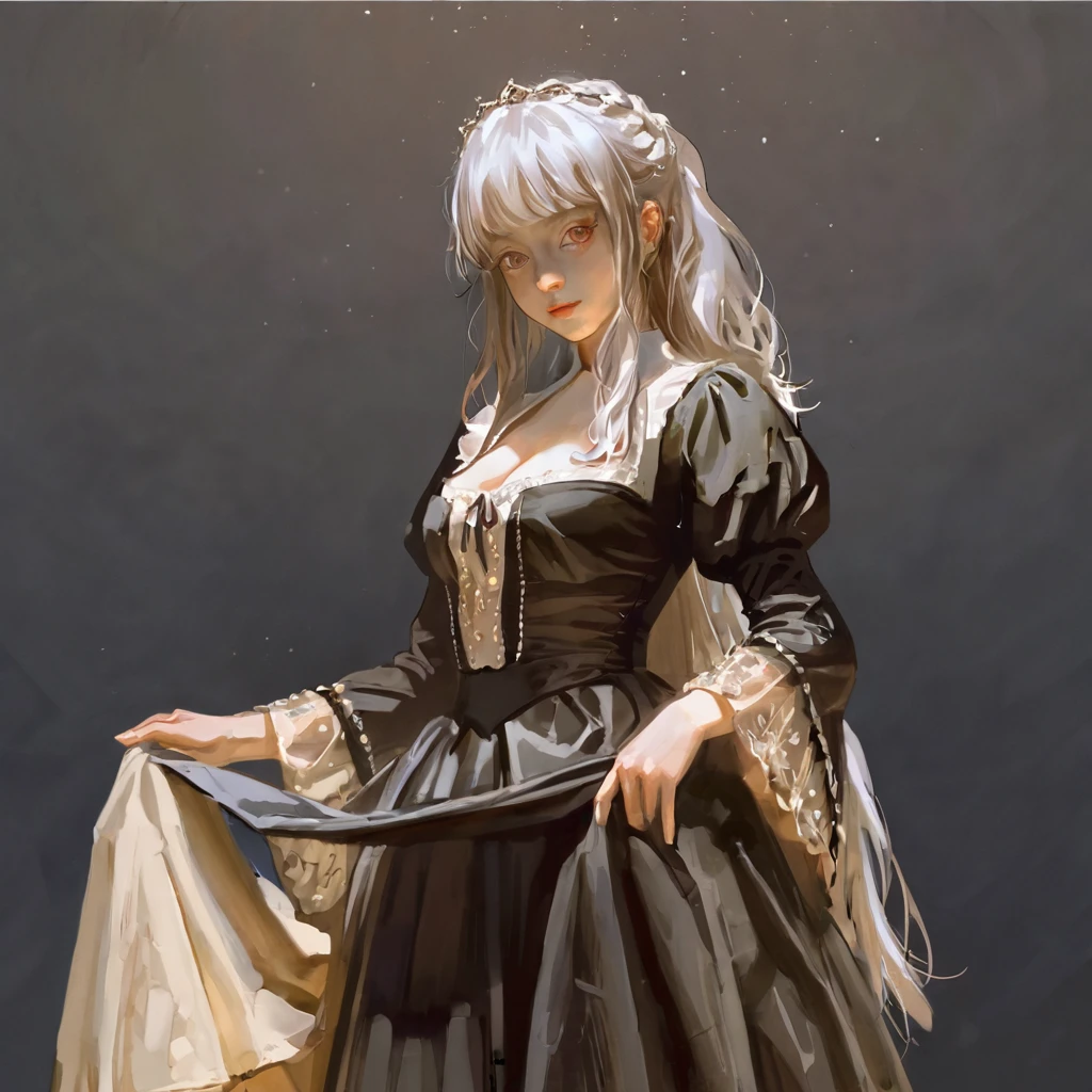 score_9, score_8_up, score_7_up, score_6_up, score_5_up, score_4_up, fkey70, h3l3n, masterpiece, best quality, high quality, hyperrealistic anime painting, anime painting, loose long hair, black background, dramatic diagonal lighting, painterly, realistic painting, soft feature, detailed clothes, detailed, rembrandt lighting, solo, 1girl, dress lift, white hair, black dress, long sleeves, cleavage 
