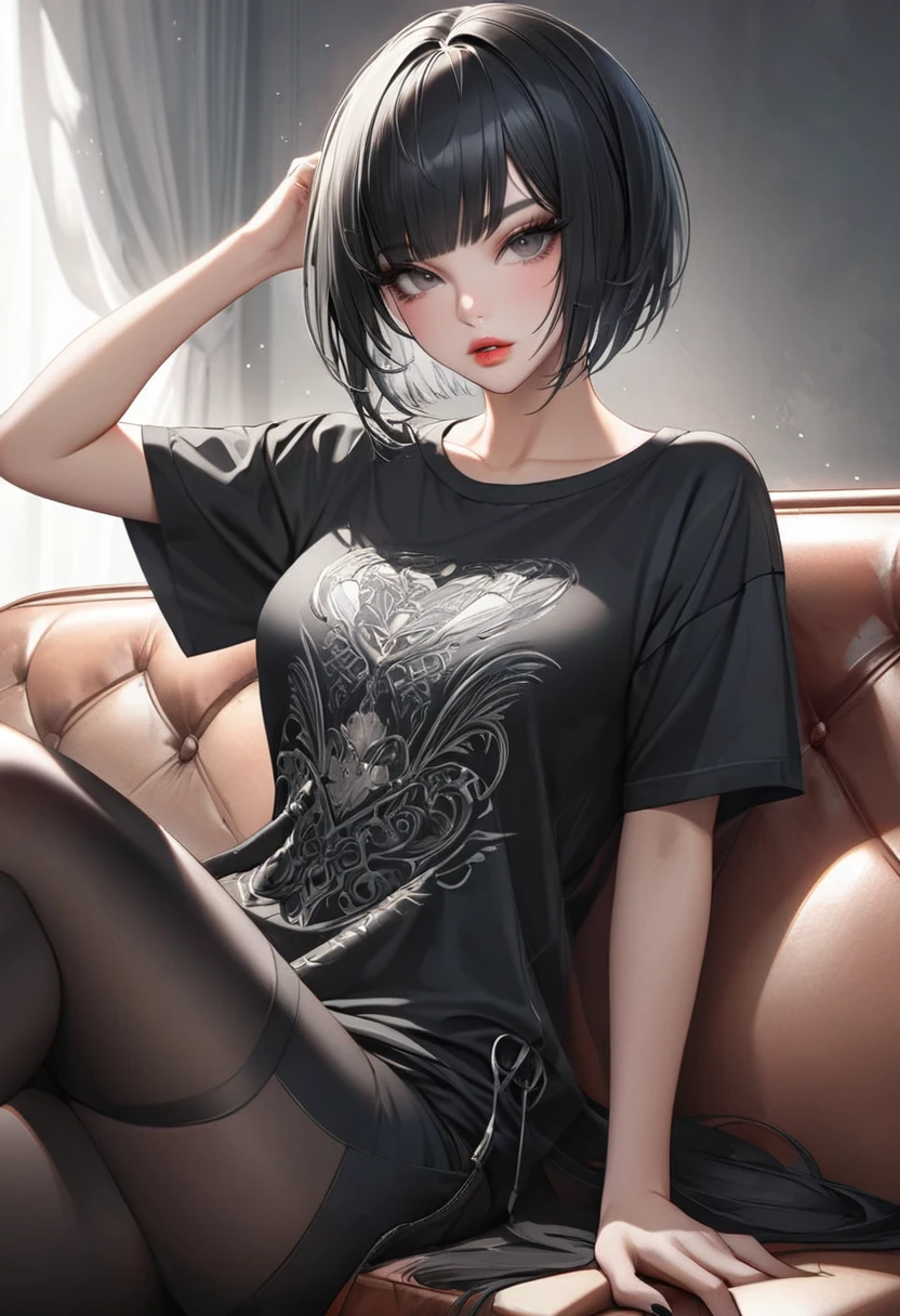 (Highest quality,Very detailed,High resolution:1.2),beautiful girl，Black very short hair,Black hair bangs, Wearing an oversized black T-shirt，very_Long eyelashes, Detailed lips, Cool look, Soft Skin, Shiny Hair,Exquisite makeup,Sitting on the couch