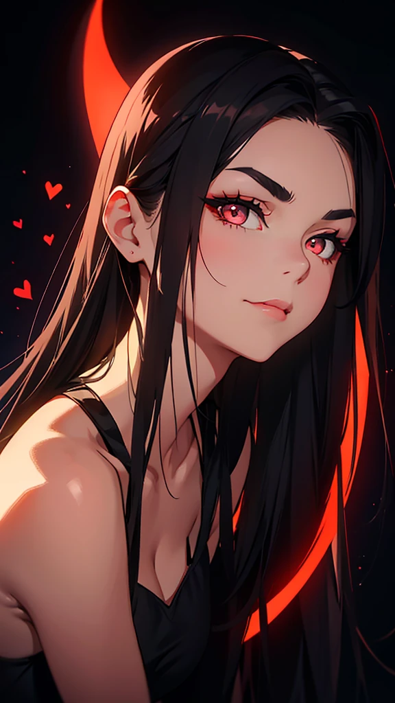 A stylized digital portrait of a young woman with long, sleek dark hair, posing with a tilted head and gazing directly at the viewer. She has sharp, well-defined eyebrows, full lips, and a serene yet slightly mysterious expression. The background features glowing red little devil and a heart outline, giving a playful and edgy atmosphere. The lighting accentuates her facial features, creating a dramatic contrast between light and shadow. The overall aesthetic is modern and bold, with a hint of mischievousness.