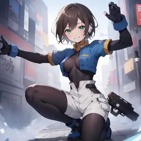 aile_megamanzx, kneeling with one hand on the ground and the other arm raised, 1girl, solo, short hair, brown hair, short sleeve...