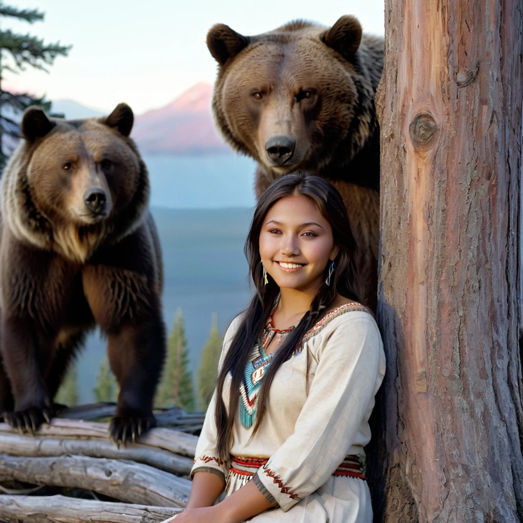 (grainy:0.5), cinematic, beautiful girls 25 year old native american,fantasy,(solo:1.3), detailed eyes, detailed face, detailed native american sexy clothing, volumetric lighting, dusk, extremely detailed background, standing next to tree and mountain, smiling, half closed brown eyes, tilted head, from side, sitting next to her Grizzly Bear