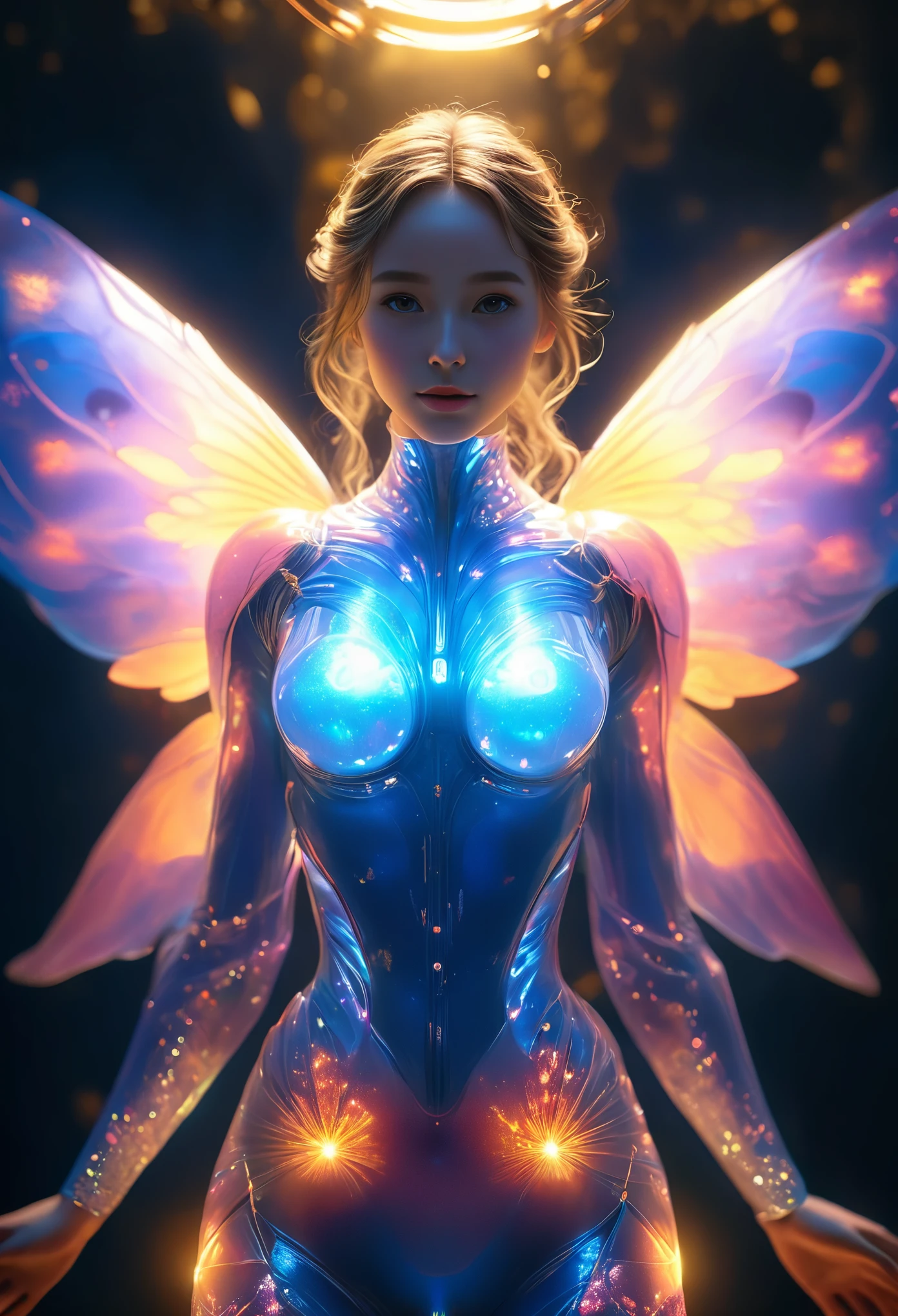 beautiful alien woman emerging from a cocoon, detailed beautiful face like cute girl and body, from back, (glowing eyes, glowing skin:1.5), intricate organic details, translucent wings, symmetrical face, ethereal lighting, cinematic, vibrant colors, digital art, highly detailed, 8k, photorealistic, whole body, Floating in the air