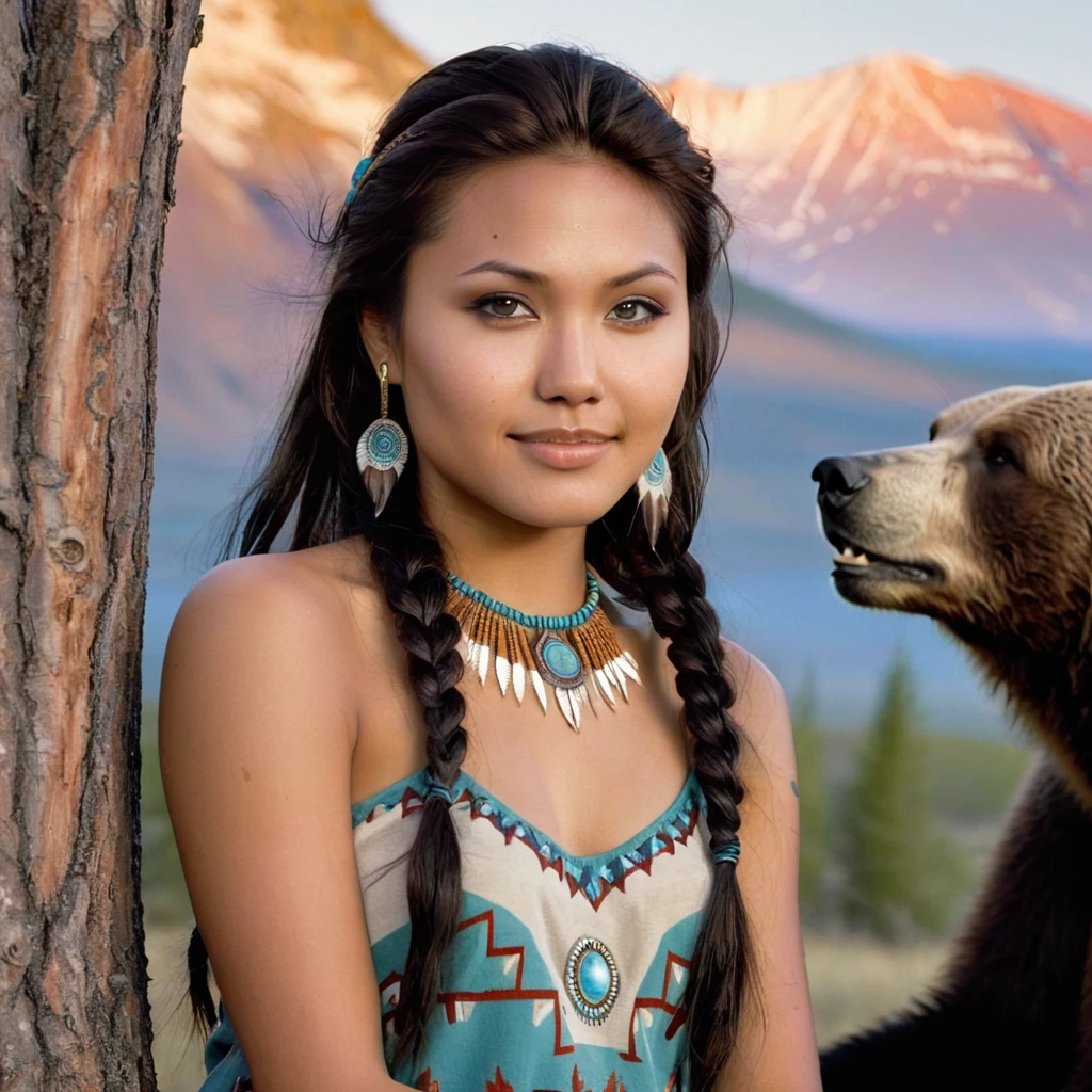 (grainy:0.5), cinematic, beautiful girls 25 year old native american,fantasy,(solo:1.3), detailed eyes, detailed face, detailed native american sexy clothing, volumetric lighting, dusk, extremely detailed background, standing next to tree and mountain, smiling, half closed brown eyes, tilted head, from side, sitting next to her Grizzly Bear