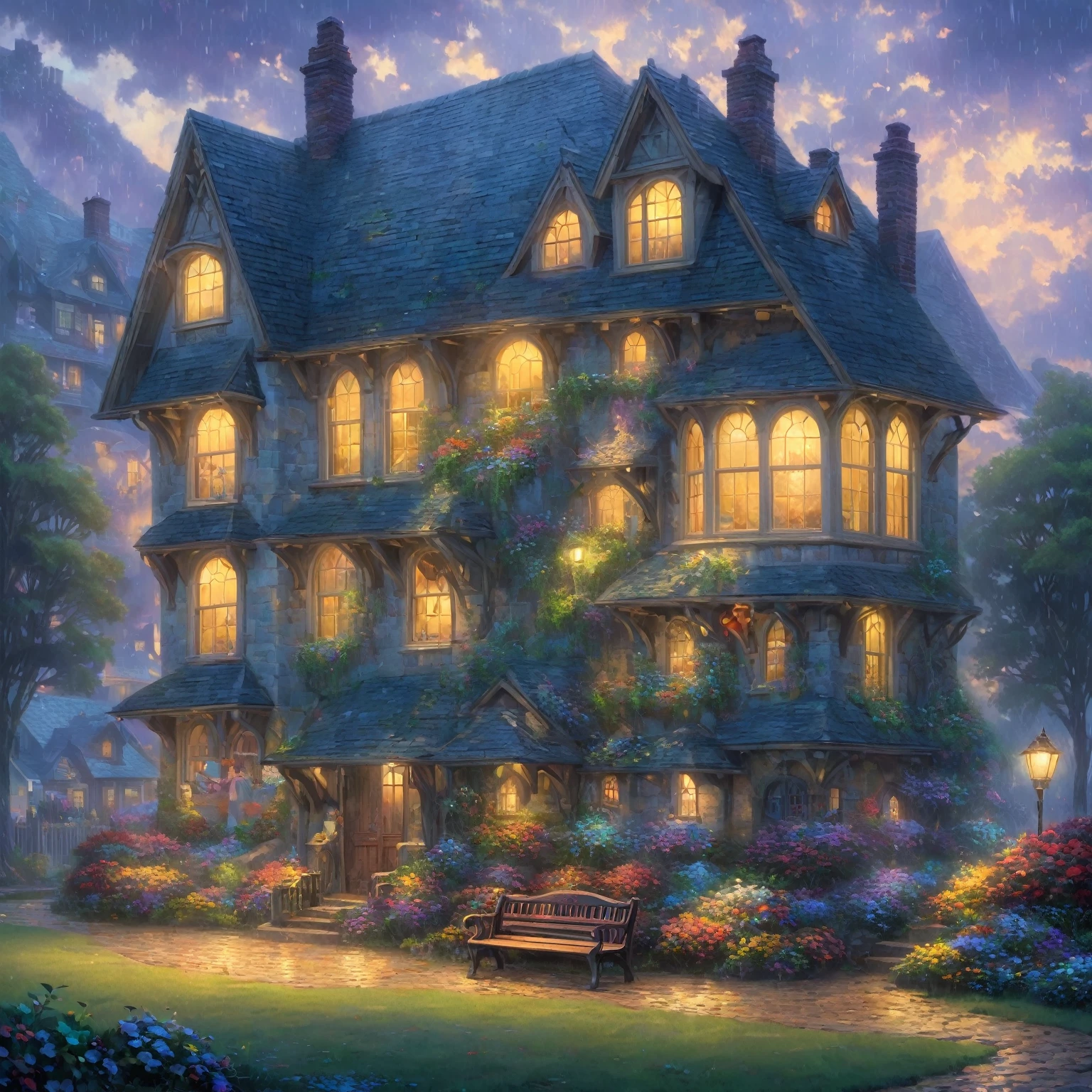 there is a woman sitting on a bench in front of a house, beautiful art uhd 4 k, 4 k matte thomas kinkade, tomas kinkade, rhads and thomas kinkade, kinkade. award winning, rainy evening, ( ( thomas kinkade ) ), thomas kinkade cfg _ scale 9, kinkade, thomas kinkade. cute cozy room