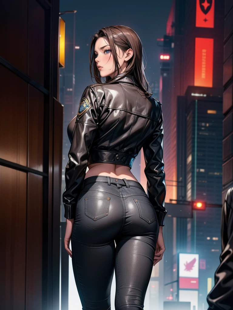 Portrait of a beautiful female model natlp, Georgia Fowler, Beautiful Face, Short dark brown hair，Athletic butt ,　Rear View， solo，Standing posture, Cyberpunk city at night. She is wearing a leather jacket, Black jeans, Dramatic lighting, (Police Badge:1.2)