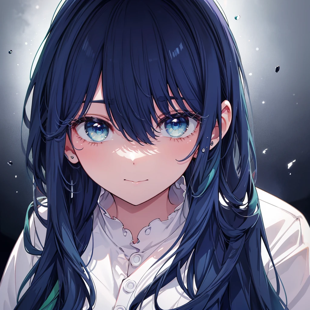 Kurokawa Akane、My Favorites 、illuminated by spotlight、A radiant smile、Long Hair、Casual white long sleeve、Black long pants、Navy Blue Hair、Navy blue and blue-green eye star pieces、Highest quality、Perfect Face、beautiful、Delicate face、Perfect Face立ち、Cute Face、Masterpiece、Highest quality、Dark Background