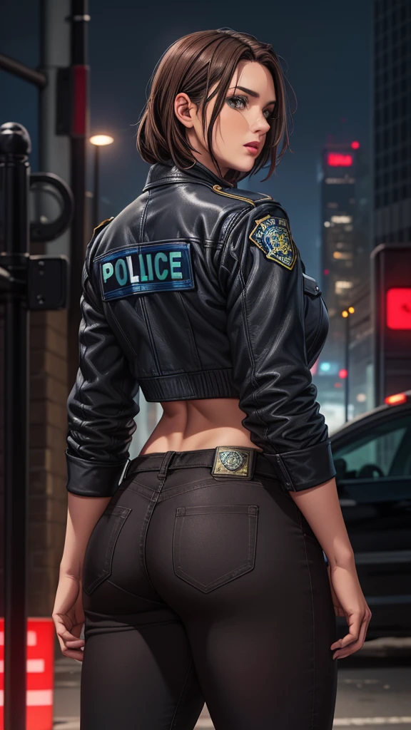 Portrait of a beautiful female model natlp, Georgia Fowler, Beautiful Face, Short dark brown hair，Athletic butt ,　Rear View， solo，Standing posture, Cyberpunk city at night. She is wearing a leather jacket, Black jeans, Dramatic lighting, (Police Badge:1.2)