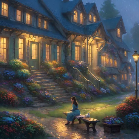 a woman sitting on a bench in front of a house, beautiful art uhd 4 k, 4 k matte thomas kinkade, tomas kinkade, rhads and thomas...