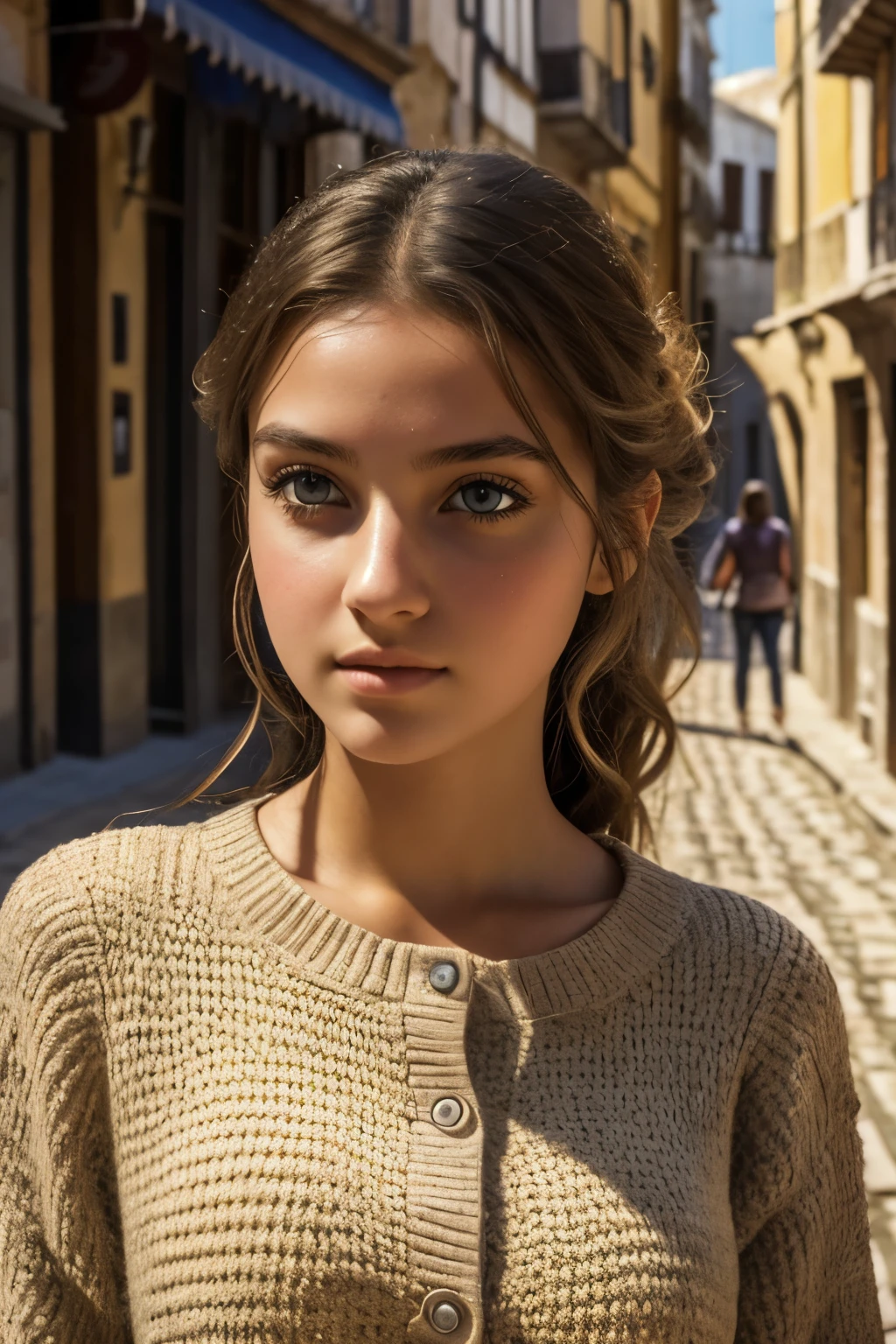 a girl, 18 years old, walking down a street in a southern european city, beautiful detailed eyes, beautiful detailed lips, extremely detailed eyes and face, long eyelashes, detailed clothing, detailed architecture, cobblestone street, sunlight, warm color tones, cinematic lighting, photorealistic, 8k, ultra-detailed, masterpiece