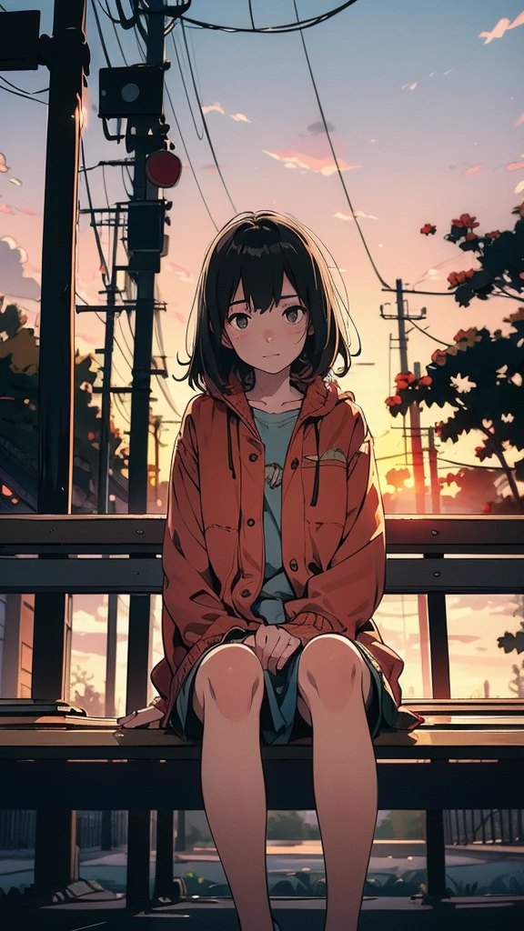 UHD, super detail, conceptual art, romantic style, soft lighting, silhouette, background blur, a slightly sad girl with a longing expression sitting on a park bench, a boy sitting next to her with a gentle smile, sunset in the background, warm and tender atmosphere
