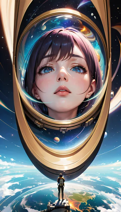 1girl,solo,portrait display,looking below,Space, Planet,giantess,planet size
