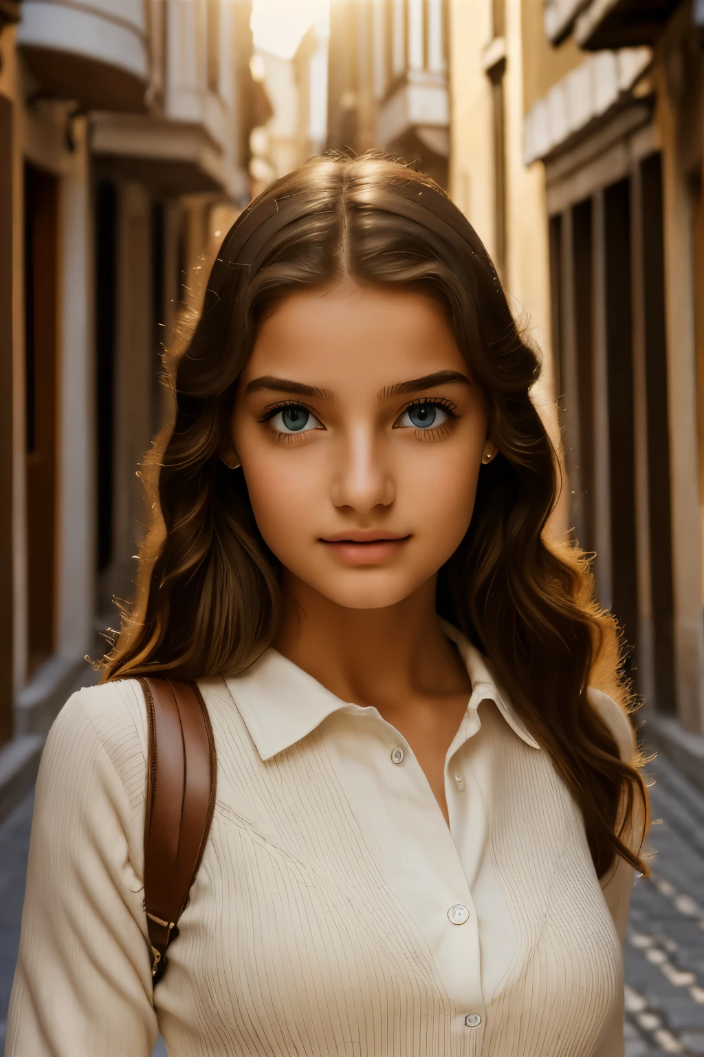 a girl, 18 years old, walking down a street in a southern european city, beautiful detailed eyes, beautiful detailed lips, extremely detailed eyes and face, long eyelashes, detailed clothing, detailed architecture, cobblestone street, sunlight, warm color tones, cinematic lighting, photorealistic, 8k, ultra-detailed, masterpiece