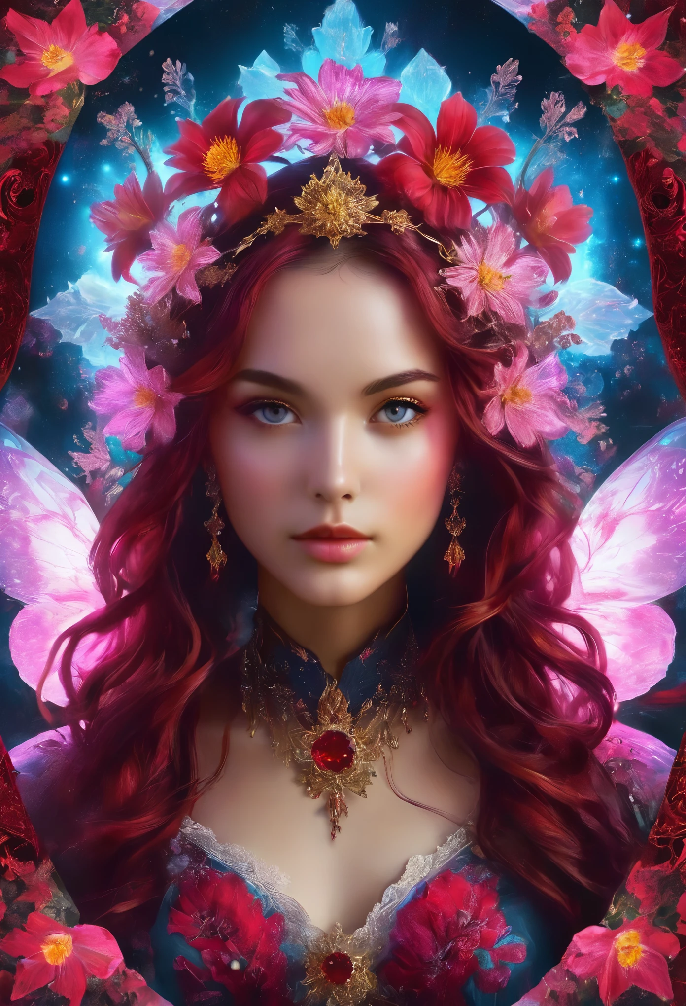 (masterpiece, Highest quality, Highest quality, Official Art, beautifully、aesthetic:1.2), (One girl:1.3), (Fractal Art:1.3), card, Tarot, ruby Hair, Twin Blade, Hair Flower, (Good lighting:1.1), ((High resolution)), Tarot card style