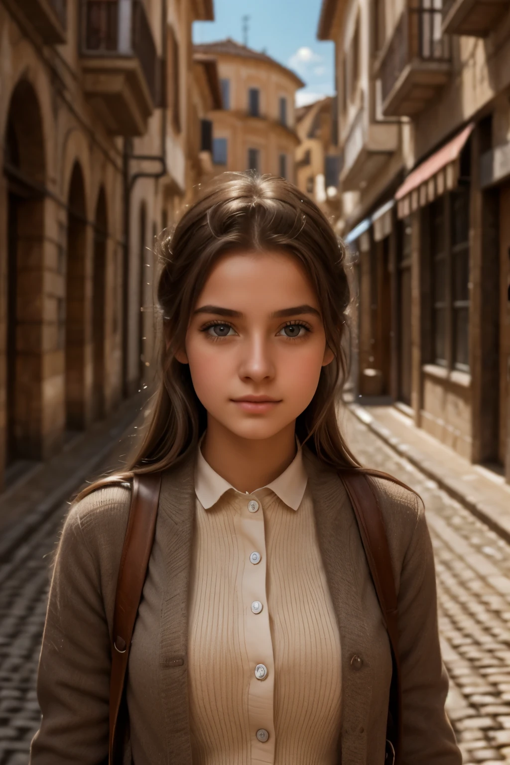 a girl, 18 years old, walking down a street in a southern european city, beautiful detailed eyes, beautiful detailed lips, extremely detailed eyes and face, long eyelashes, detailed clothing, detailed architecture, cobblestone street, sunlight, warm color tones, cinematic lighting, photorealistic, 8k, ultra-detailed, masterpiece