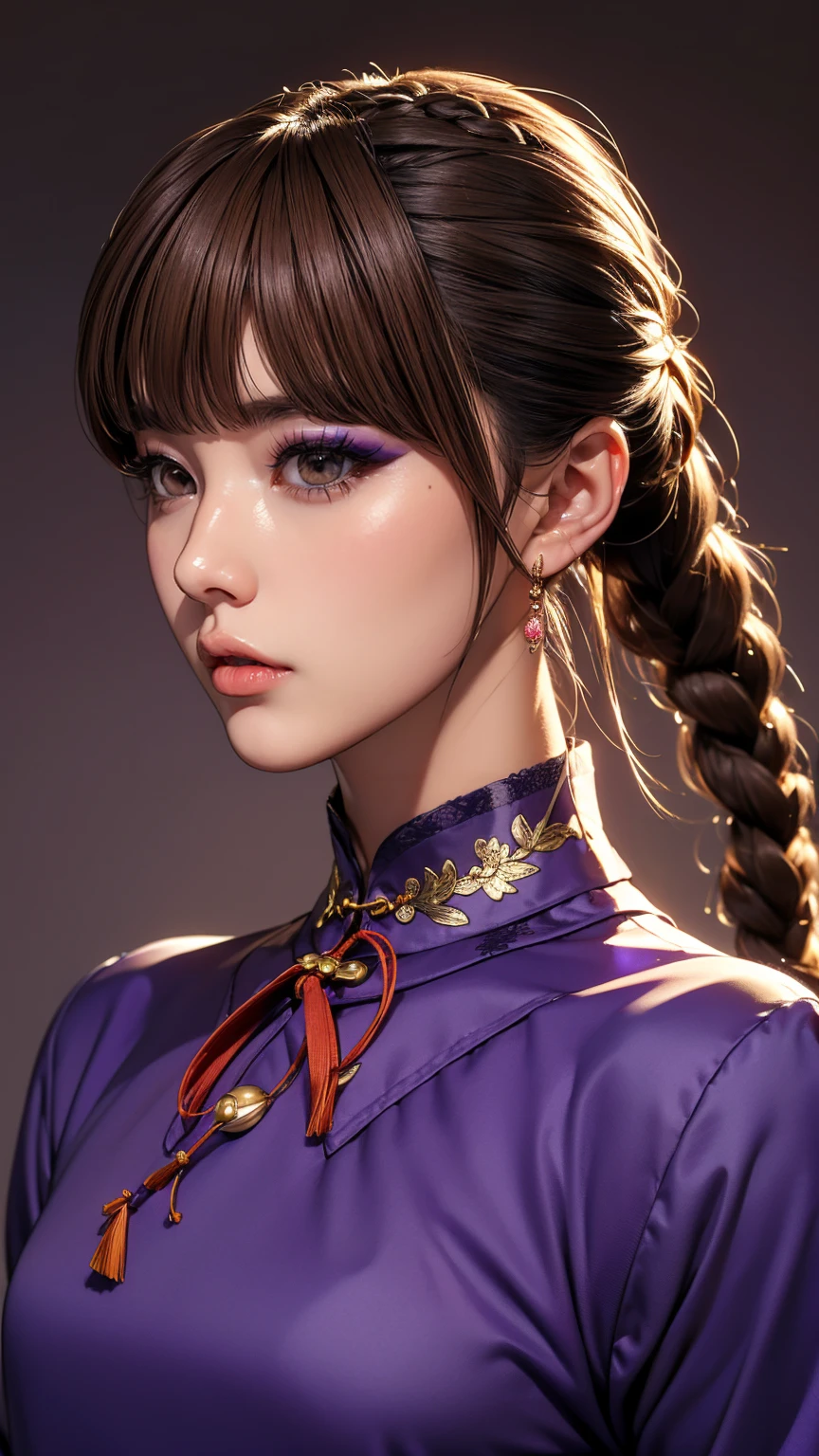 Realistic, masterpiece, Highest quality, Highest Resolution, Anatomically correct, Accurate Anatomy, 7 heads, Height: 165cm, One Japanese woman, A sharp expression with some teeth showing, Profile staring into the distance, Fine and beautiful eyes, Sparkling eyes, Thin eyebrows, Gives lashes a delicate finish, False eyelashes, (Chinese traditional makeup:1.2), (Braided hair, Blunt bangs, Brown Hair:1.2), Detailed face, Sharp Eyes, (Classic purple and gold cheongsam, Fitted clothing:1.3), Bust up photo, Blank background in warm colors