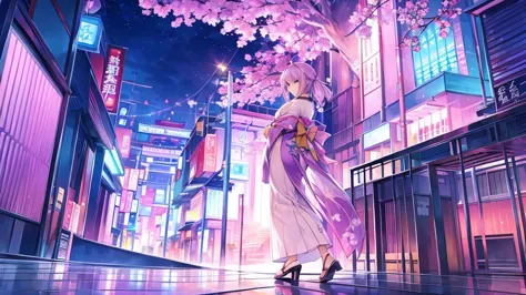 woman　clear　light purple hair　　kimono　　　anime style　　port town