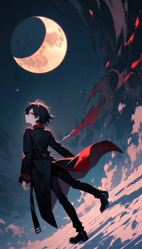 A teenager，Look up at the moon，Back，Wearing a black coat，Black pants，Black shoes，Black hair，Red left eye，Right eye gray
