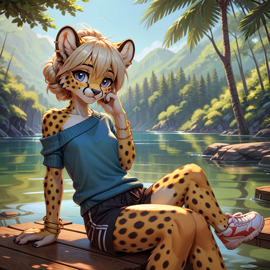 **Prompt:** A beautiful, (masterpiece), high quality, perfect lighting, highly detailed CG Unity 8k wallpaper, high resolution, perfect lighting, youthful, adolescent, tall, slim, skinny, frail slender figure, slim legs, distinctly feminine figure, narrow hips, long legs, close-up shot of a unique female cheetah character. She has sleek, golden-yellow fur with distinctive black spots scattered across her body, adding to her natural elegance. Her hair is styled in a loose, messy bun, with a few strands escaping to frame her face. Her eyes are a striking blue, filled with a playful spark. She is dressed in casual, loose clothing: an oversized, off-the-shoulder sweater in a vibrant fabric, nip slip, exposed boob, embarrassed, paired with comfortable, loose-fitting joggers in a matching color. She wears simple, white sneakers and a few casual accessories, including a woven bracelet and a pair of small, stud earrings. The character is posed in a candid, relaxed moment, sitting on the edge of a wooden pier with her legs dangling over the water. She is leaning back on her hands, her face tilted up to enjoy the warmth of the sun, looking at the viewer with a loving gaze. Detailed glistening eyes. The background is a softly blurred lakeside scene with calm water and distant trees, enhancing the serene and laid-back atmosphere. The lighting highlights the texture of her fur and the softness of her clothing, creating an inviting and tranquil scene that captures a peaceful, everyday moment.