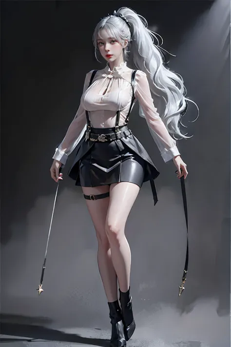 black skirt, 　suspenders, silver hair, grey eyes, 脚にガーターbelt, tight clothing, belt, dark look, ponytail, realistic, dynamic ligh...