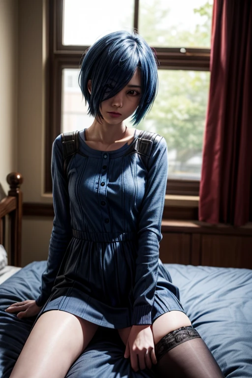 1girl, Kirishima touka, Blue hair, blue eyes, cute face, adult, 4k quality, bedroom, open black dress