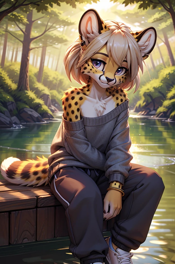 **Prompt:** A beautiful, (masterpiece), high quality, perfect lighting, highly detailed CG Unity 8k wallpaper, high resolution, perfect lighting, youthful, adolescent, tall, slim, skinny, frail slender figure, slim legs, distinctly feminine figure, narrow hips, long legs, close-up shot of a unique female cheetah character. Seductive, ready to breed, sexual tension. She has sleek, golden-yellow fur with distinctive black spots scattered across her body, adding to her natural elegance. Her hair is styled in a loose, messy bun, with a few strands escaping to frame her face. Her eyes are a striking blue, filled with a playful spark. She is dressed in casual, loose clothing: an oversized, off-the-shoulder sweater in a soft, heather grey fabric, paired with comfortable, loose-fitting joggers in a matching color. She wears simple, white sneakers and a few casual accessories, including a woven bracelet and a pair of small, stud earrings. The character is posed in a candid, relaxed moment, sitting on the edge of a wooden pier with her legs dangling over the water. She is leaning back on her hands, her face tilted up to enjoy the warmth of the sun, looking at the viewer with a loving gaze. Detailed glistening eyes. The background is a softly blurred lakeside scene with calm water and distant trees, enhancing the serene and laid-back atmosphere. The lighting highlights the texture of her fur and the softness of her clothing, creating an inviting and tranquil scene that captures a peaceful, everyday moment.