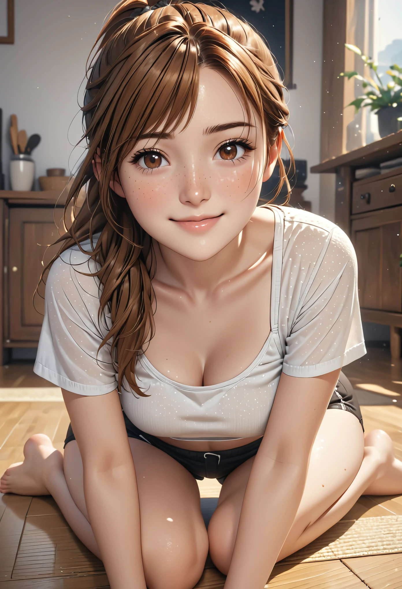 (young woman:1.4), (she wears black shorts and a white crop top), (no shoes), long brown hair with ponytail, brown eyes, (low angel sho:1.5), (cheeky smilie:1.2), detailed skin texture, (realistic skin pores, freckles on her skin, skin impurities:1.0), sitting on the floor, 24k resolution, highly detailed, (natural front light:0.5)