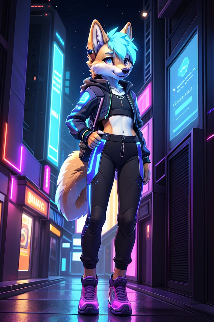 **Prompt:** A beautiful, (masterpiece), high quality, perfect lighting, highly detailed CG Unity 8k wallpaper, high resolution, perfect lighting, youthful, adolescent, tall, slim, skinny, frail slender figure, slim legs, distinctly feminine figure, narrow hips, long legs, close-up shot of a unique female dog character (Shiba Inu). She has soft, golden-brown fur with white accents around her muzzle and eyes, giving her a warm and approachable look. Her hair is a short, spiky bob with streaks of electric blue, adding a futuristic flair. Her eyes are a vibrant cyan, glowing slightly with a tech-enhanced sheen.

She is dressed in a casual, sci-fi inspired outfit: a loose, cropped holographic hoodie that shimmers with shifting colors, paired with comfortable, high-waisted jogger pants featuring neon circuit patterns. Her accessories include a sleek, techy wristband with a holographic interface, a set of small, glowing ear studs, and a pair of fingerless gloves with embedded LED lights. She carries a compact, futuristic backpack with various gadgets clipped to it.

The character is posed casually leaning against a high-tech vending machine, one foot propped up against it and her hands busy adjusting a small drone hovering in front of her. Her expression is relaxed and focused, a slight smile playing on her lips as she fine-tunes the drone's settings. The background is a bustling, neon-lit city street with floating advertisements and distant skyscrapers, providing a vibrant, sci-fi ambiance. The lighting highlights the reflective surfaces of her clothing and the glow of her accessories, creating a visually striking and immersive scene.