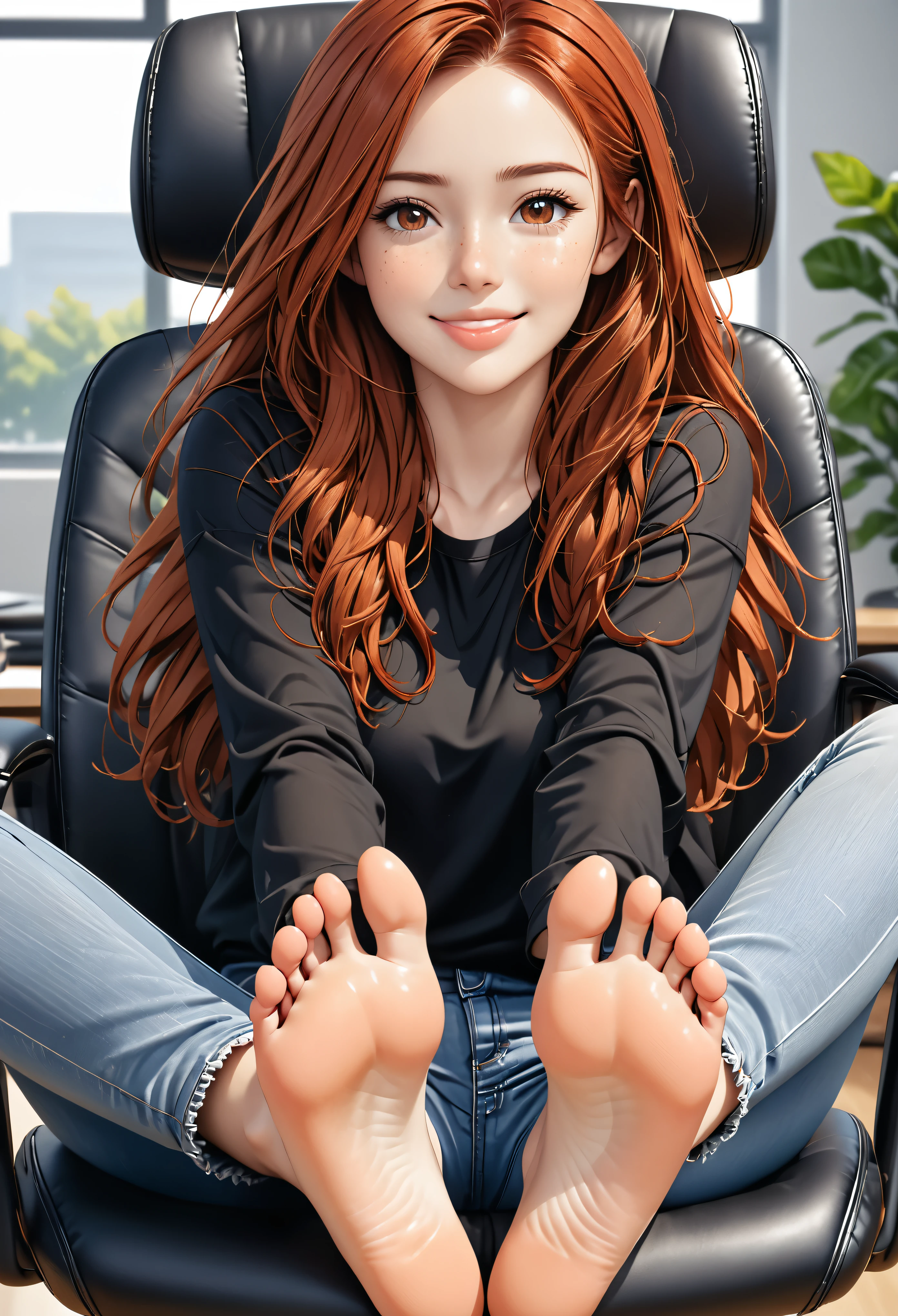 (young woman:1.4), (she wears long jeans and a black top), (barefoot:1.4), long red hair, brown eyes, (low angel shot, holds her feet up to the camera:1.5), (cheeky smilie, sticks her tongue out:1.2), detailed skin texture, realistic skin pores, freckles, skin impurities, sitting on a black office chair, 24k resolution, highly detailed, (natural front light:0.5)