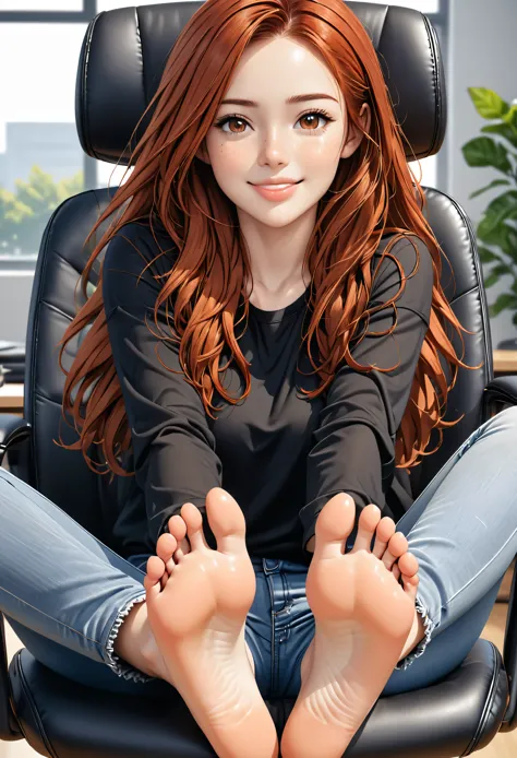 (young woman:1.4), (she wears long jeans and a black top), (barefoot:1.4), long red hair, brown eyes, (low angel shot, holds her...